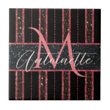 Glam Glitter Monogrammed Name Black and Pink