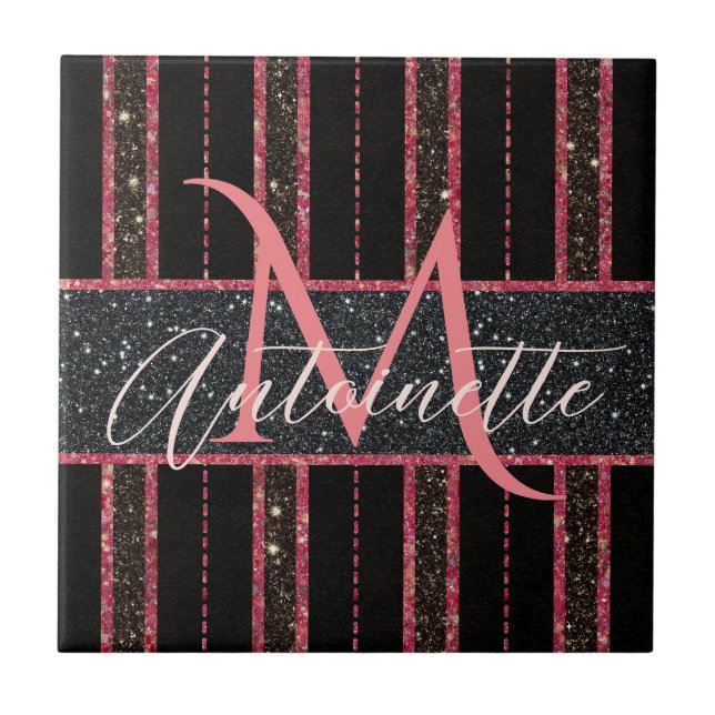 Glam Glitter Monogrammed Name Black and Pink Tile (Front)
