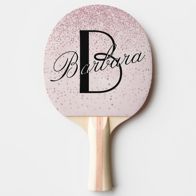 Glam Glitter Pink Leather Texture Monogram Name Ping Pong Paddle (Front)