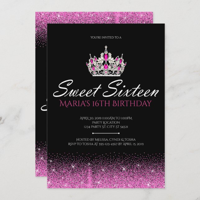 Glam & Glitter, Pink Sweet Sixteen Invitations (Front/Back)