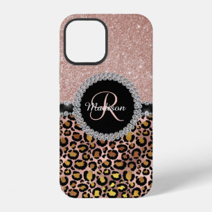Glam Glitter Rose Gold Diamond Monogram Leopard iPhone 12 Case