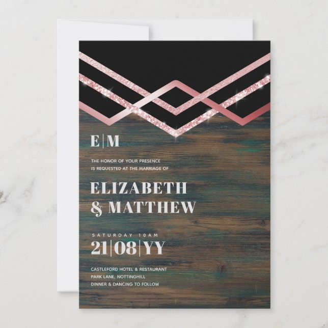 Glam Glitter Rosegold Black Deco Wedding Invite (Front)