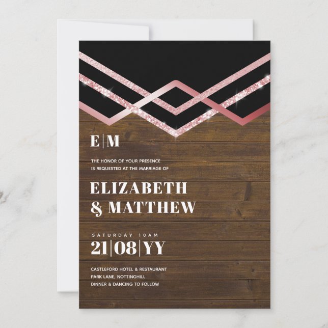 Glam Glitter Rosegold Black Deco Wedding Invite (Front)