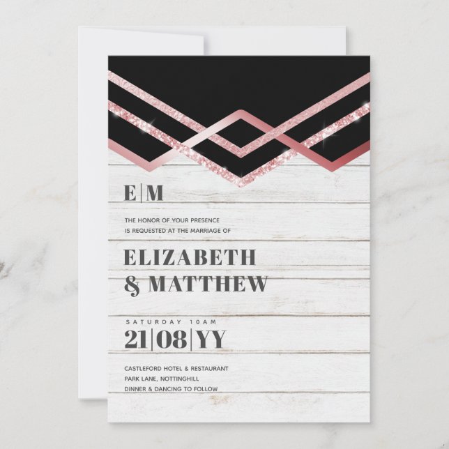 Glam Glitter Rosegold Black Deco Wedding Invite (Front)