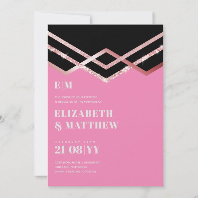 Glam Glitter Rosegold Black Deco Wedding Invite (Front)