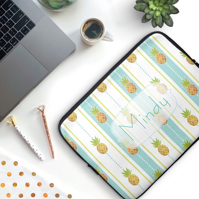 Glam Glitter Tropical Pineapple & Stripes and Dots Laptop Sleeve (50s style Pineapples & Stripes  Pattern Laptop Sleeve with custom name plate)