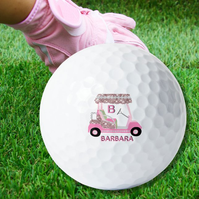 Glam Glitz Monogram Name Rose Gold Diamond Cart  Golf Balls (Creator Uploaded)