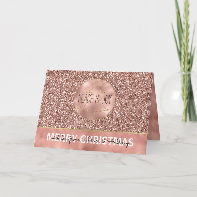 Glam Glitzy Glitter Rose Gold Christmas Tree Holiday Card (Front)