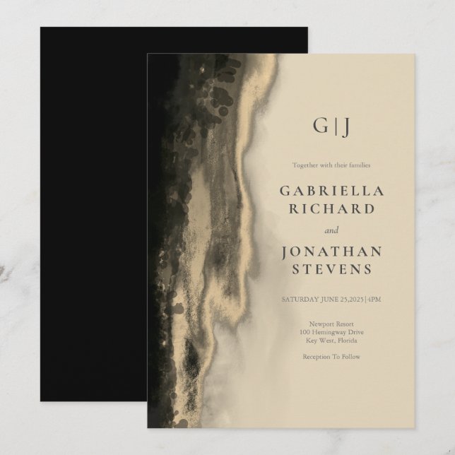 Glam Gold Abstract Beige and Black Wedding Invitation (Front/Back)