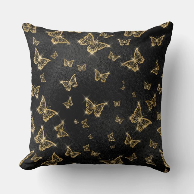 Glam gold and black butterflies pattern cushion (Front)