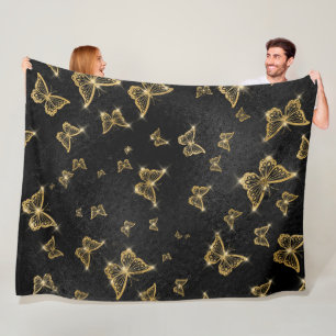 Glam gold and black butterflies pattern fleece blanket