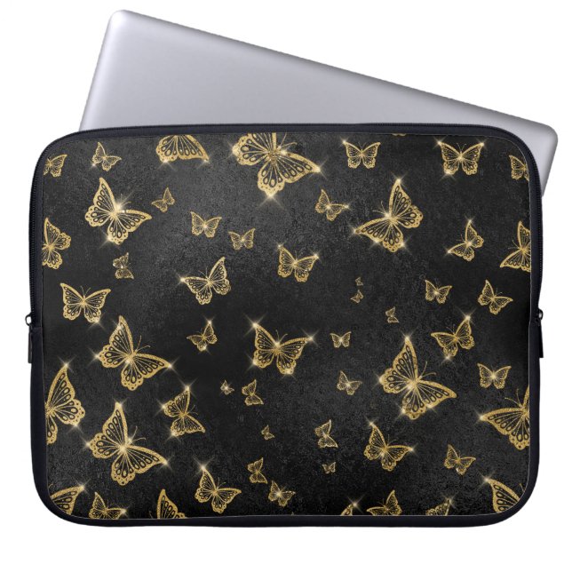 Glam gold and black butterflies pattern laptop sleeve (Front)