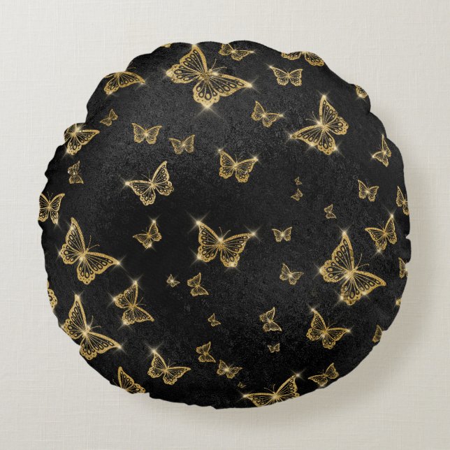 Glam gold and black butterflies pattern round cushion (Front)