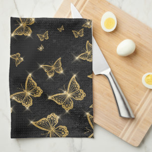 Glam gold and black butterflies pattern tea towel