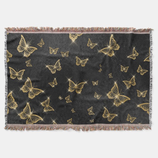 Glam gold and black butterflies pattern throw blanket (Front)