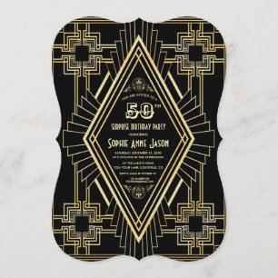 Glam Gold and Black Great Gatsby 50 Birthday Party Invitation