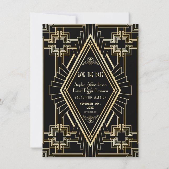 Glam Gold and Black Great Gatsby Save the Date (Front)