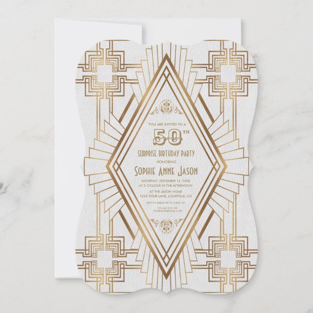 Glam Gold and White Great Gatsby 50 Birthday Party Invitation (Front)