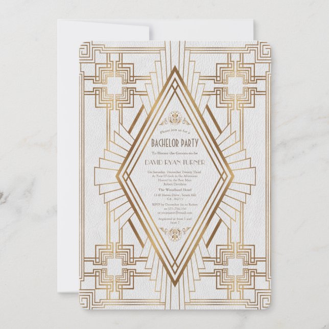 Glam Gold and White Great Gatsby Bachelor Party Invitation (Front)