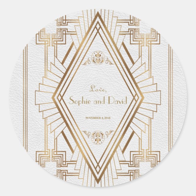 Glam Gold and White Great Gatsby Wedding Classic Round Sticker (Front)