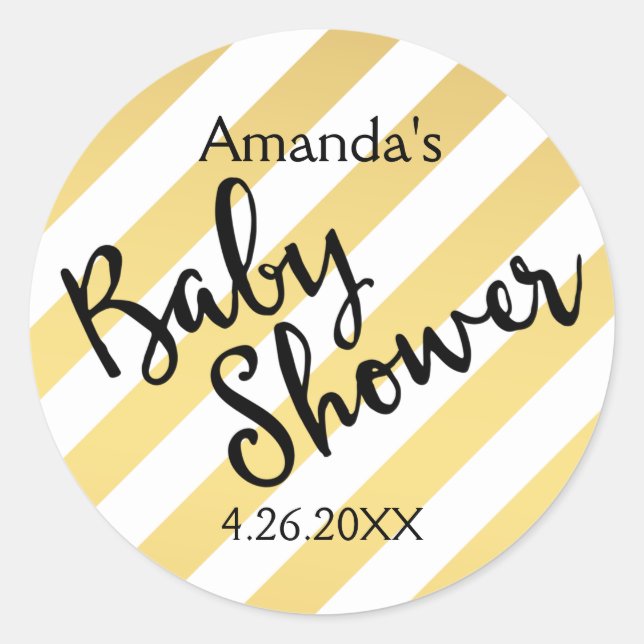 Glam Gold and White Stripes Baby Shower Classic Round Sticker (Front)