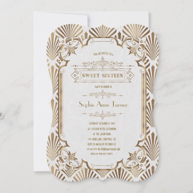 Glam Gold Art Deco Black Gatsby 20s Sweet Sixteen Invitation (Front)