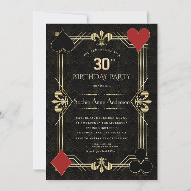 Glam Gold Art Deco Casino Las Vegas 30th Birthday Invitation (Front)