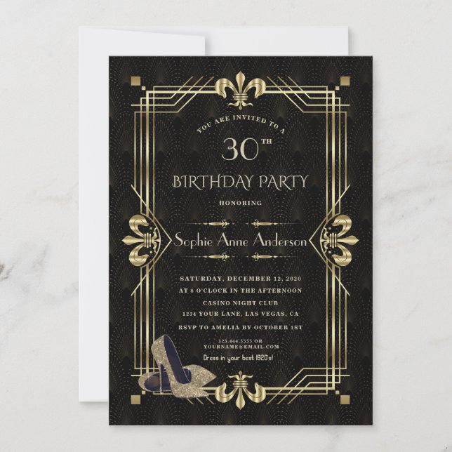 Glam Gold Art Deco Casino Poker Vegas Birthday Invitation (Front)