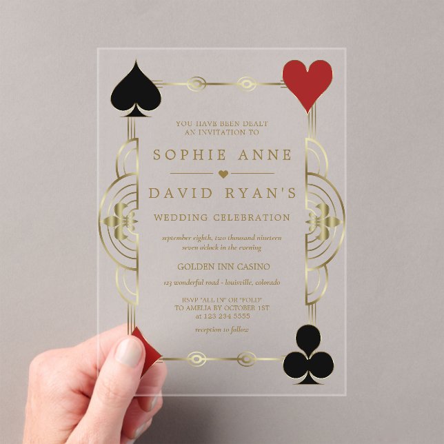 Glam Gold Art Deco Casino Vegas Poker Wedding Acrylic Invitations (Insitu (Handheld))