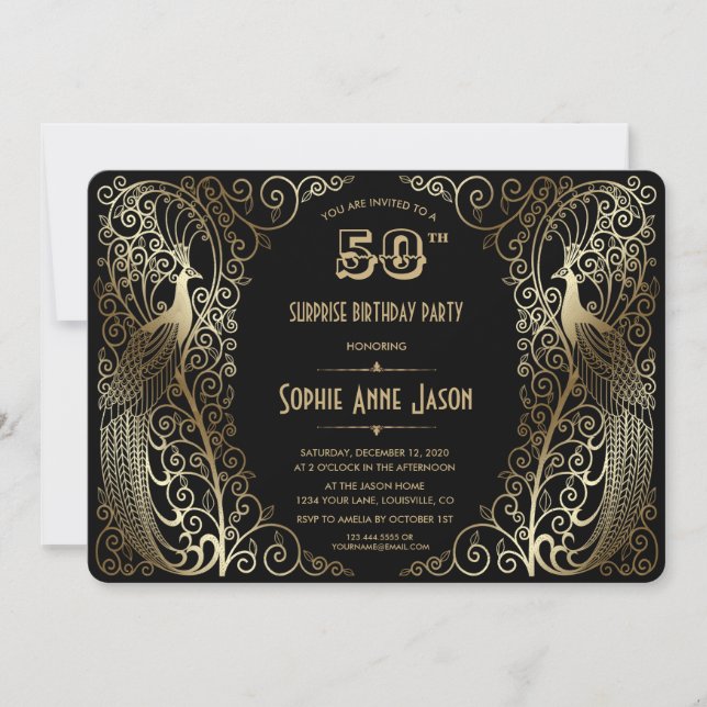 Glam Gold Art Deco Peacocks 50th Birthday Party Invitation (Front)