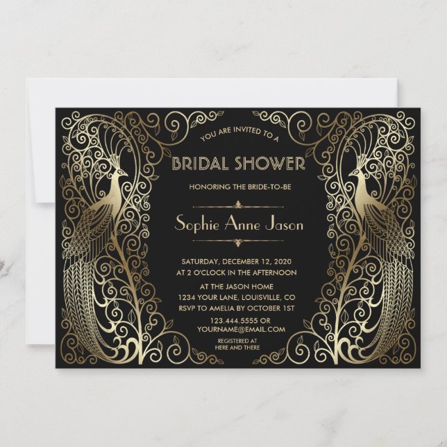 Glam Gold Art Deco Peacocks Bridal Shower Invitation (Front)