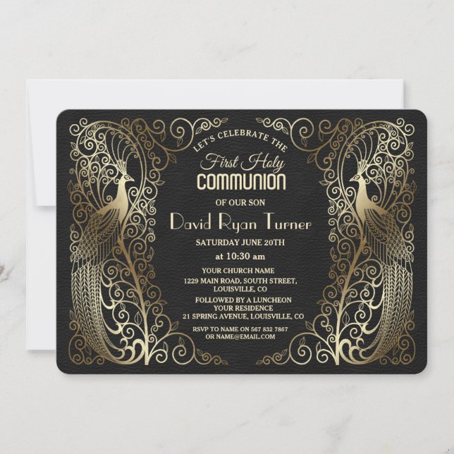 Glam Gold Art Deco Peacocks First Holy Communion Invitation (Front)