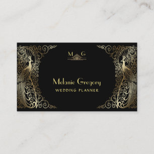 Glam Gold Art Deco Peacocks Professional Monogram Business Card
