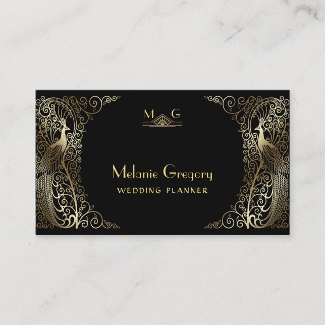 Glam Gold Art Deco Peacocks Professional Monogram Business Card (Front)