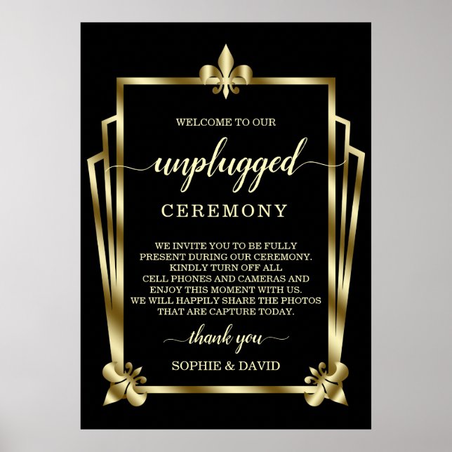 Glam Gold Art Deco Unplugged Wedding Ceremony Sign (Front)