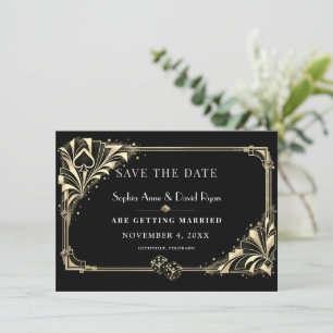 Glam Gold Black Art Deco Casino Night Wedding Save The Date