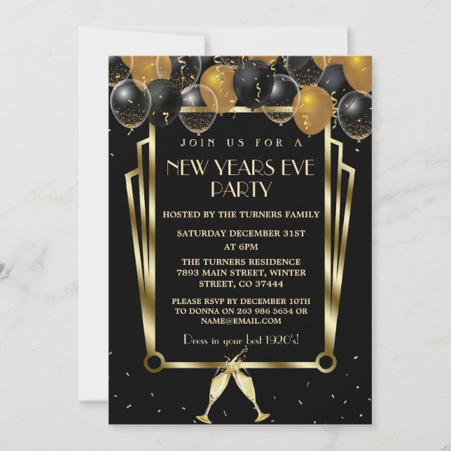 Glam Gold Black Balloons New Years Eve Party Invitation (Front)
