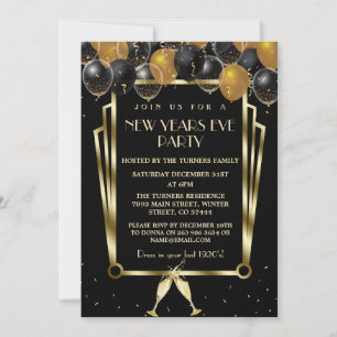 Glam Gold Black Balloons New Years Eve Party Invitation