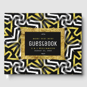 Glam Gold Black Geometric Pattern V4 Graduation Guest Book