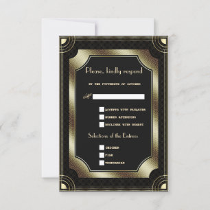 Glam Gold Black Great Art Deco Wedding RSVP Card