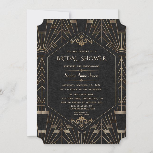 Glam Gold Black Great Gatsby 20s Bridal Shower Invitation (Front)