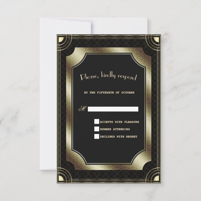 Glam Gold Black Great Gatsby Art Deco Wedding RSVP Card (Front)