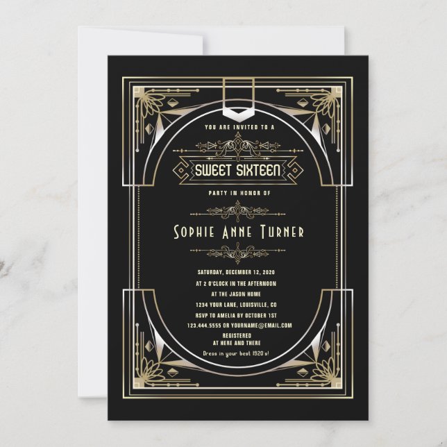 Glam Gold Black Great Gatsby Sweet Sixteen Invitation (Front)