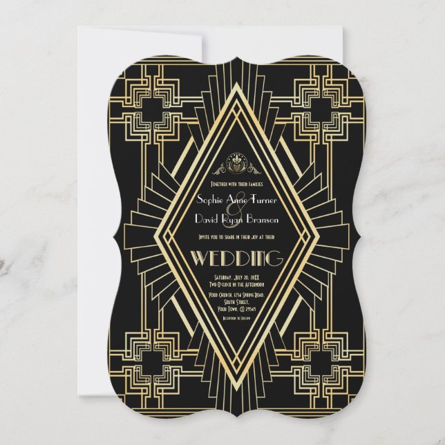Glam Gold Black Great Gatsby Wedding Invitation (Front)