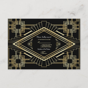 Glam Gold Black Great Gatsby Wedding RSVP Card