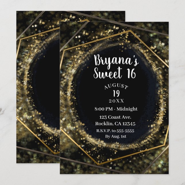 Glam Gold & Black Modern Abstract Glam Sweet 16 Invitation (Front/Back)