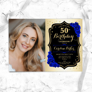 Glam Gold Black Royal Blue 50th Photo Birthday Invitation