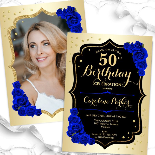 Glam Gold Black Royal Blue Photo 50th Birthday Invitation (Creator Uploaded)