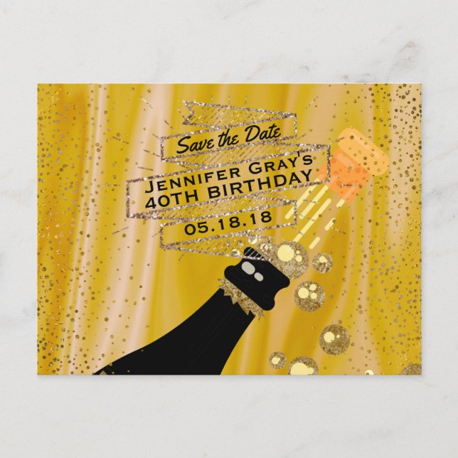 Glam Gold Black Save the Date Champagne Birthday Announcement Postcard (Front)