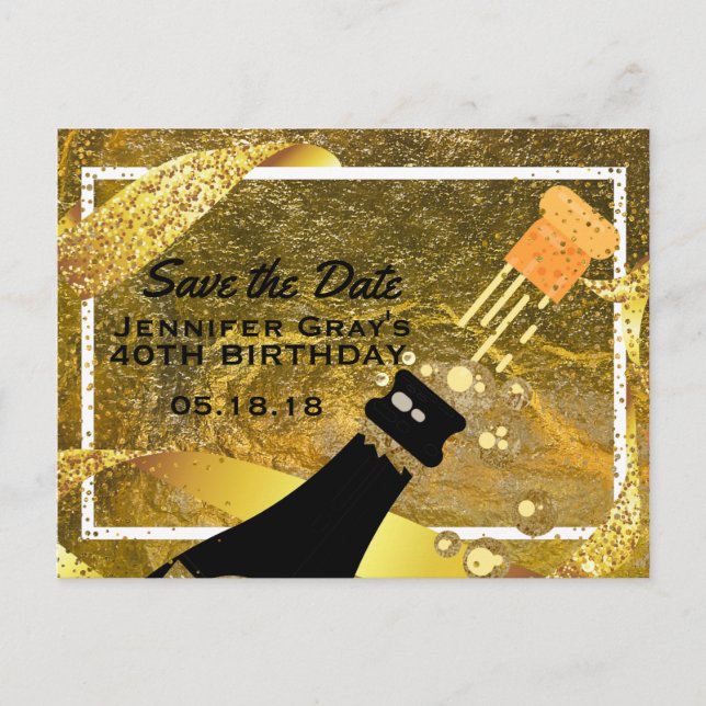 Glam Gold Black Save the Date Champagne Birthday Announcement Postcard (Front)